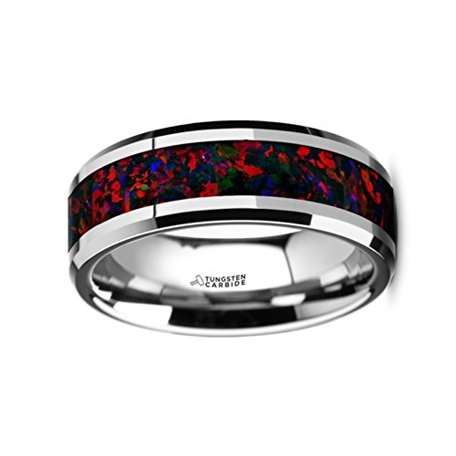 Tungsten Carbide Black Opal Inlay Men's Wedding Band - 8mm Wide Beveled Edge Ring with Custom Engraving - Perfect for Anniversary, Engagement & Formal Occasions