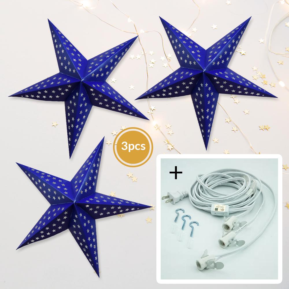 3 Pack Dark Blue Starry Night 24 Inch LED Paper Star Lanterns with Light Cord - Hanging Decoration for Bedroom, Party, Wedding & Outdoor Decor