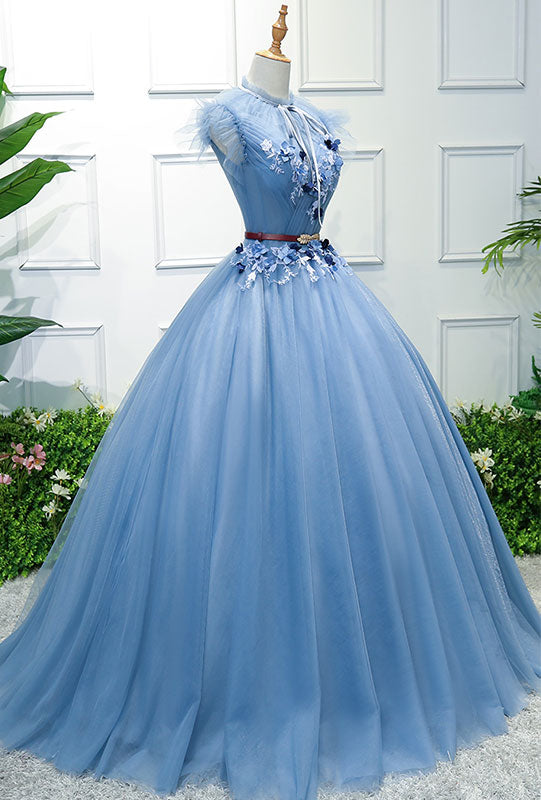 Elegant Blue High Neck Tulle Long Prom Dress | Formal Evening Gown for Women | Perfect for Homecoming, Ball, Wedding & Special Occasions