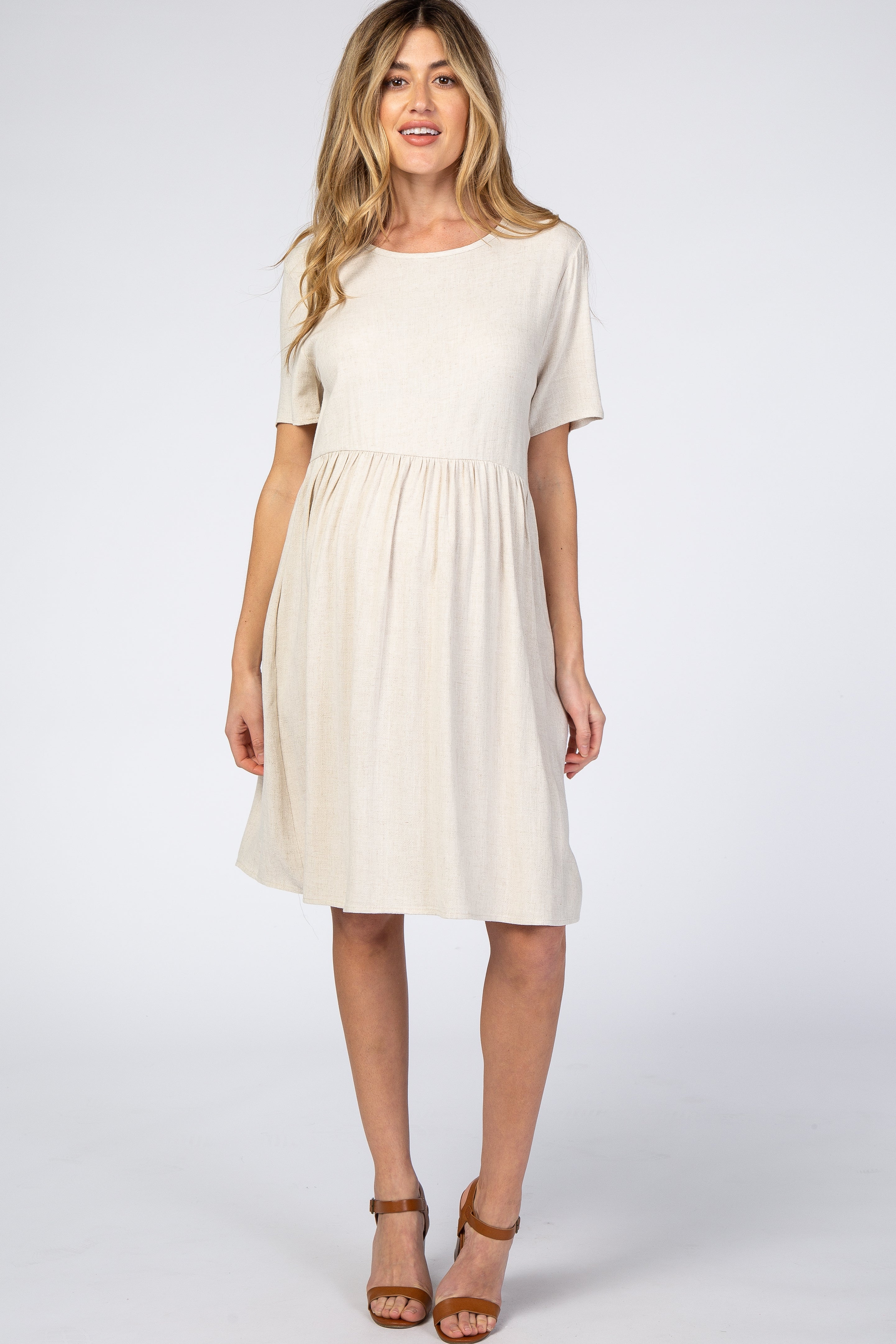 Beige Linen Maternity Dress for Women - Comfortable Babydoll Pregnancy Dress for Casual Wear, Baby Shower & Photoshoots