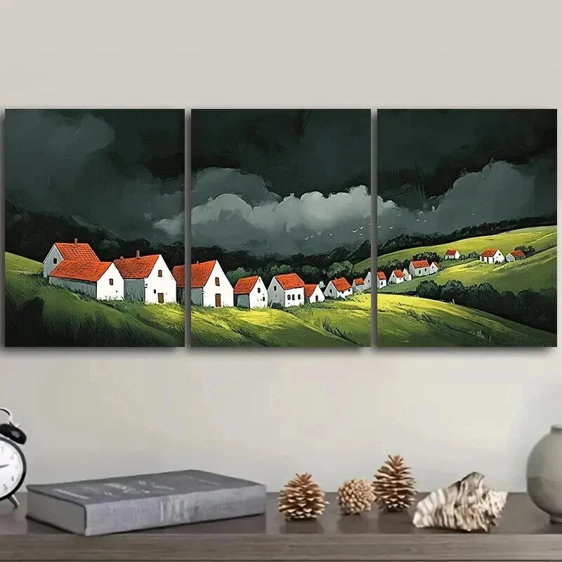 3-Piece Red Roof Village Wall Art Set - Framed Canvas Prints 50x70cm | High Quality Australian Made | Ready to Hang | Perfect for Living Room, Bedroom & Office Decor