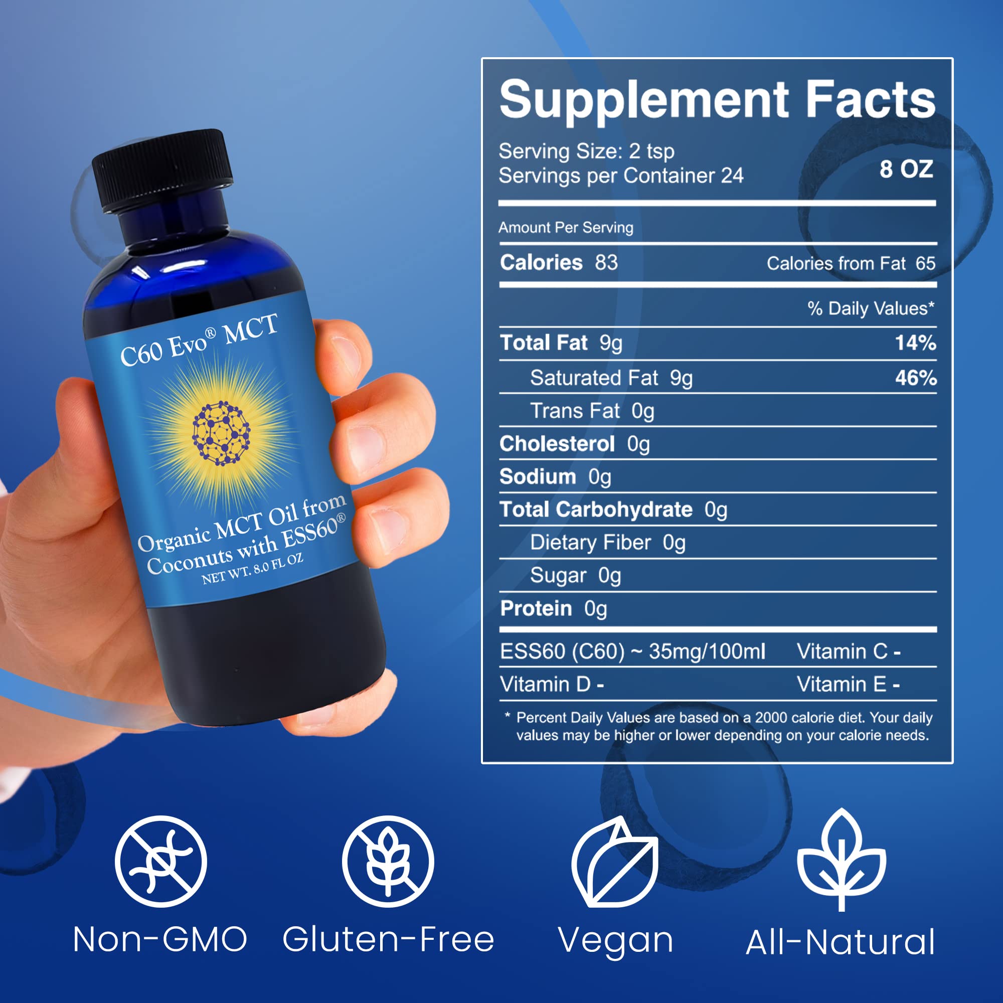 Premium MCT Oil with C60 ESS60 from Coconuts - Immune Support, Sleep Aid & Antioxidant Rich Supplement for Energy Boost, Joint & Flexibility Support - 8 oz - Ideal for Keto Diet, Coffee Boost & Daily Wellness Routine