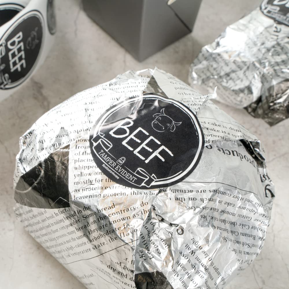 Restaurantware Label Tek 2 Inch Tamper-Evident Stickers for Beef - 500 Rolled Tamper Seal Stickers with Chalkboard Design | Safe Food Delivery | Black Plastic Stickers with White Font | Ideal for Takeout Containers, Grocery Packaging & Food Safety Compliance