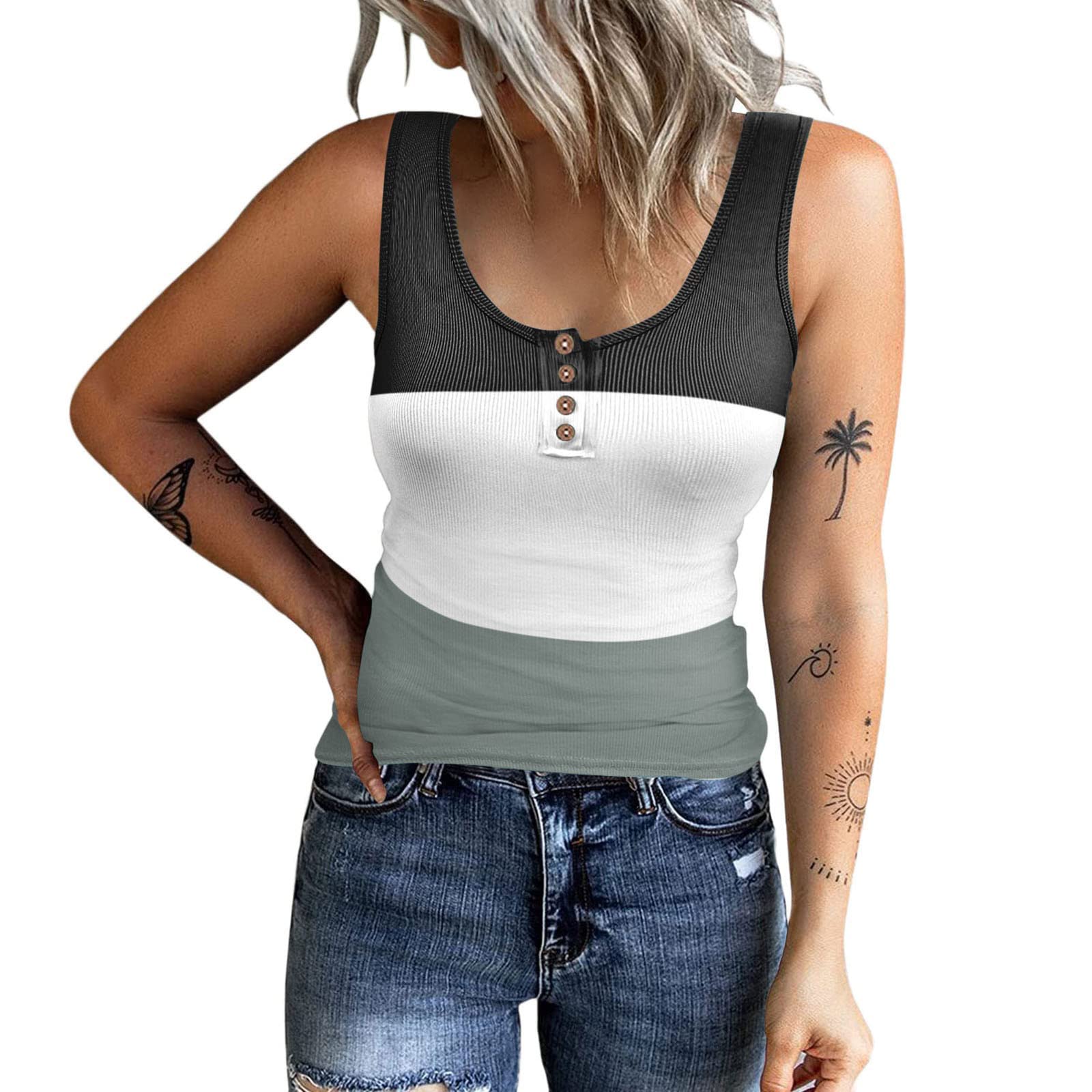 Women's Summer Color Block Sleeveless Racerback Tank Tops - Cute Printed Yoga Workout Shirts for Gym, Running & Casual Wear