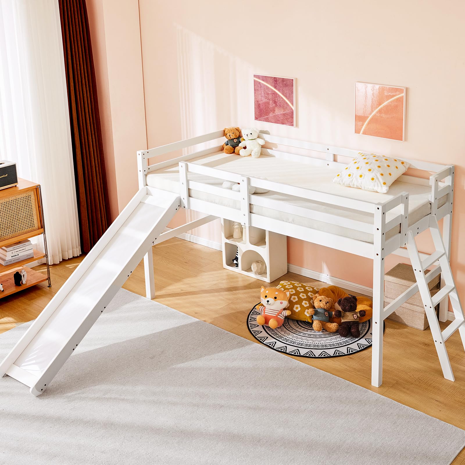 VINGLI Twin Loft Bed with Slide - Space Saving Kids Low Loft Bed with Guardrail & Ladder - Sturdy Pine Wood Bed Frame for Boys & Girls (White) - Perfect for Small Bedrooms & Playrooms