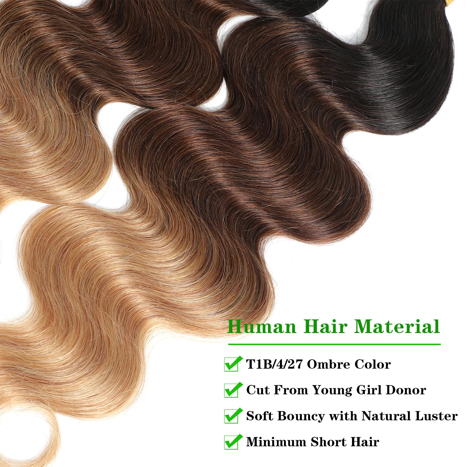 Kapelli 10A Ombre Brazilian Human Hair Bundles - Body Wave Virgin Remy Hair Extensions (T1B/4/27, 24 26 28 28) | 3-Tone Color Blend for Natural Look | Perfect for Daily Wear, Styling & Special Occasions