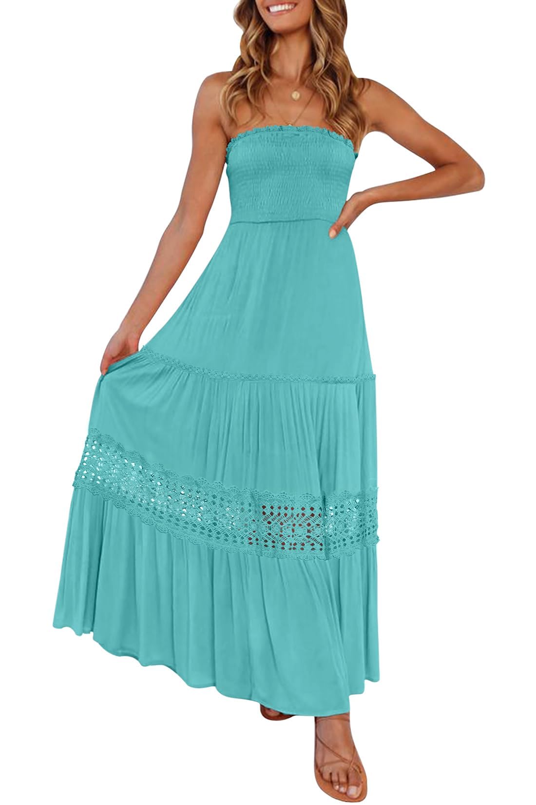 ZESICA Women's 2025 Summer Bohemian Strapless Off Shoulder Lace Trim Backless Flowy A-Line Long Maxi Dress for Beach Vacation, Wedding Guest, and Outdoor Party