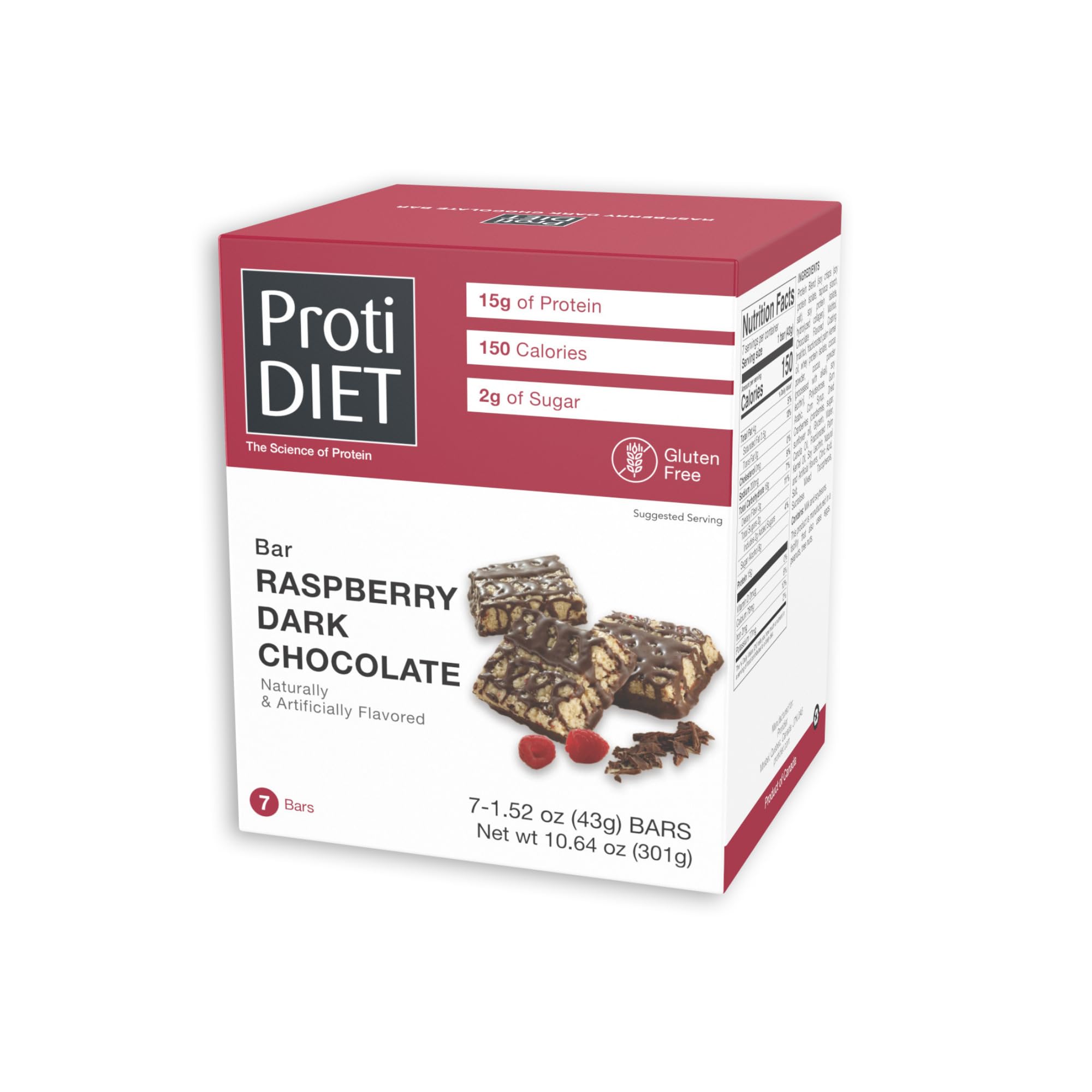 ProtiDIET Dark Chocolate Raspberry High Protein Bars - Gluten Free, Low Fat, Fiber Rich Collagen Protein Snacks for Weight Management & Muscle Recovery - 7 Bars per Box | Perfect for Post-Workout, On-the-Go Breakfast & Healthy Office Snacking