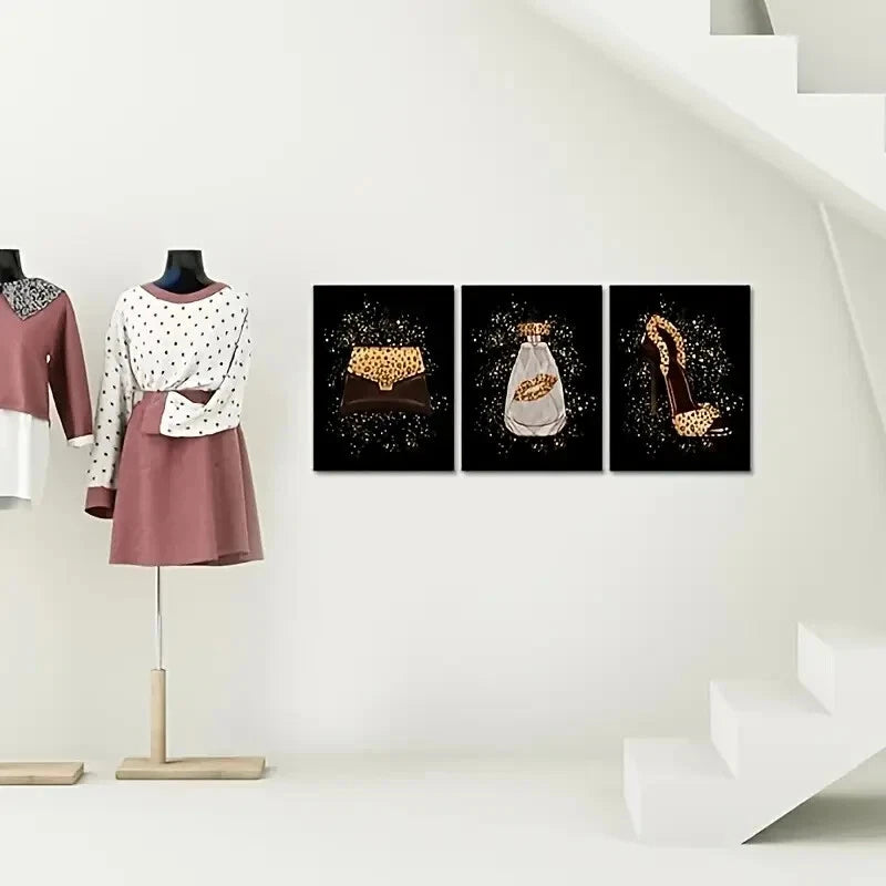 3-Piece High Heels Perfume Wall Art with Leopard Metal Print - Ready to Hang Decor for Bedroom, Bathroom & Fashion Lover Gift