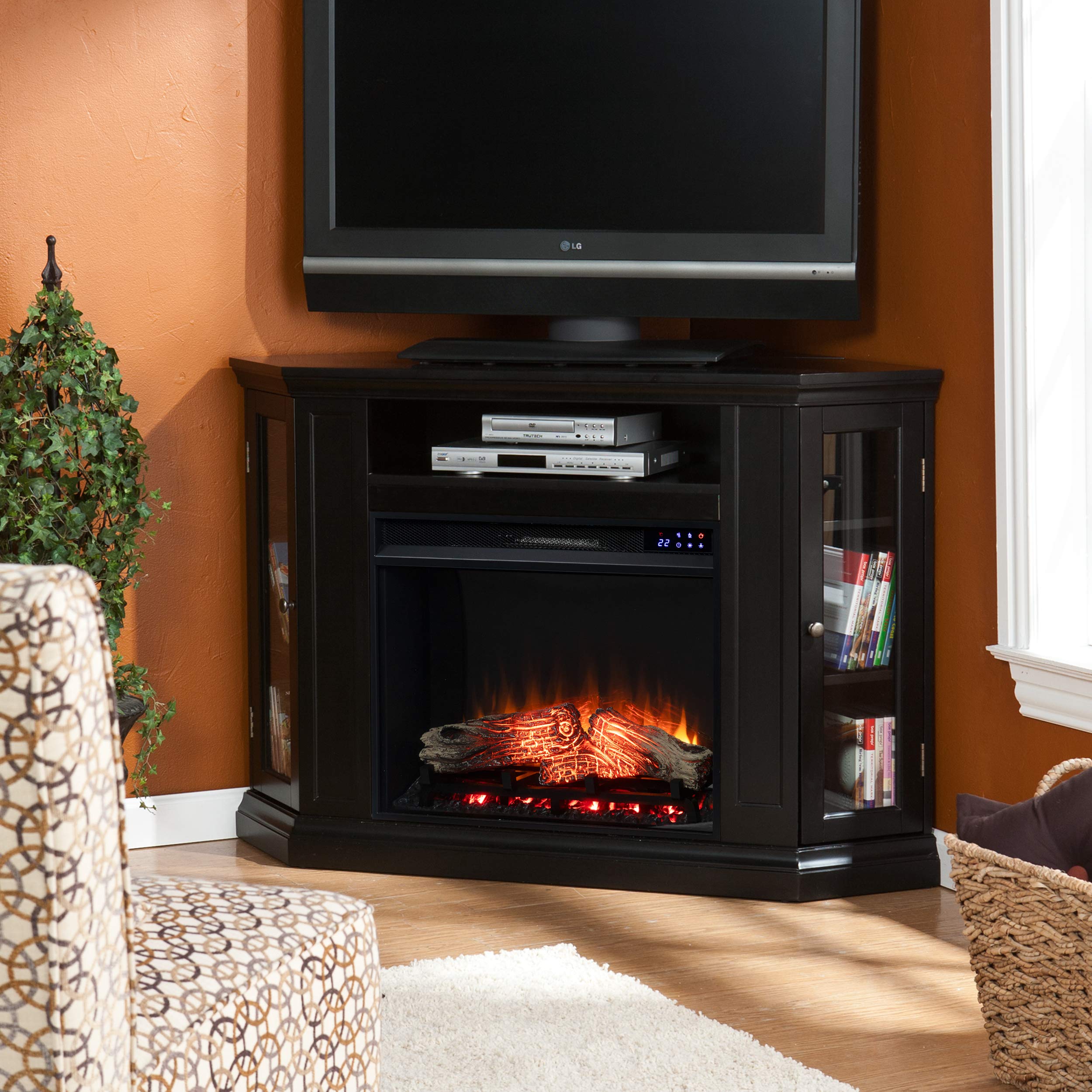 SEI Furniture Claremont Corner Convertible Electric Fireplace with Storage - Black | Modern Space-Saving Design for Living Room, Bedroom & Office
