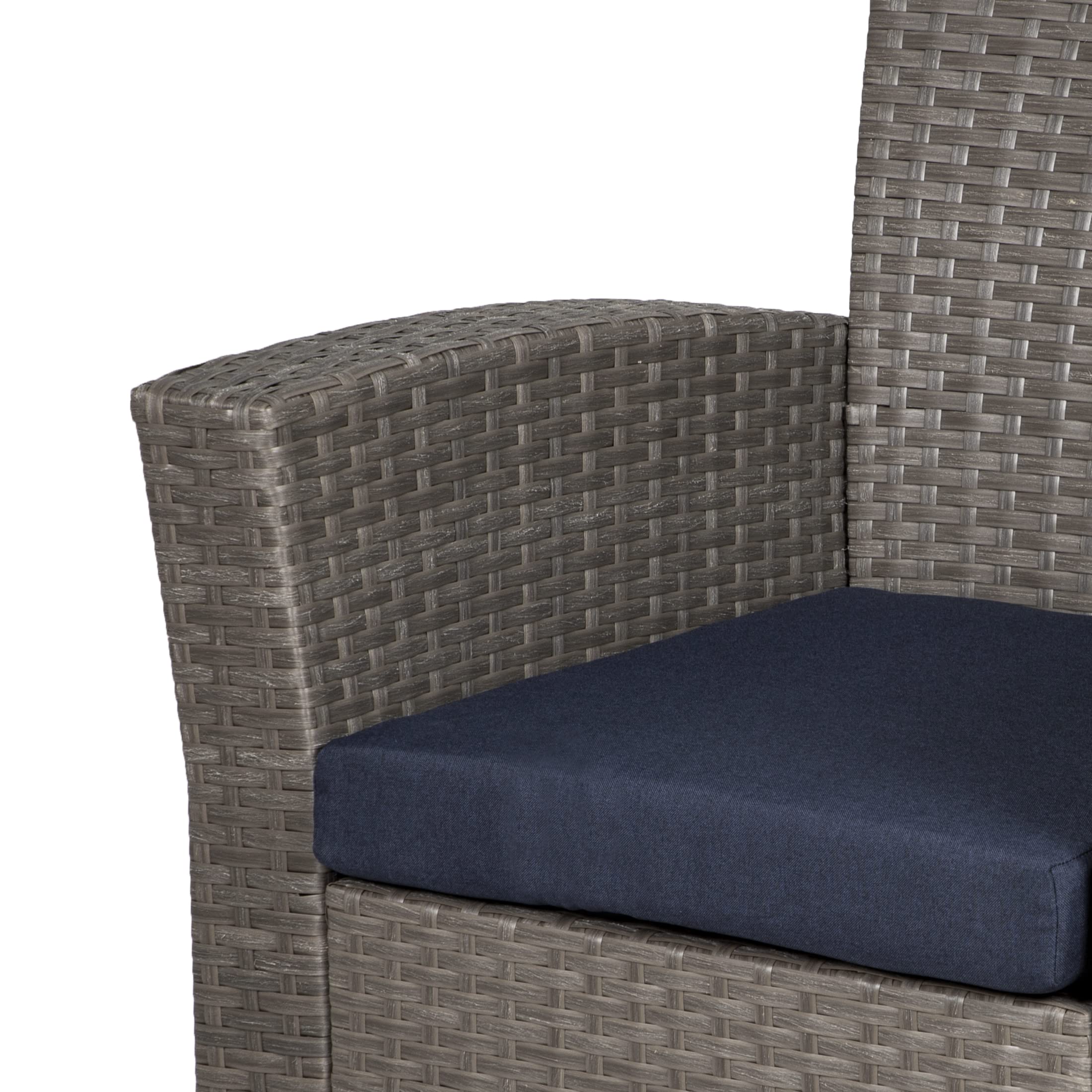 WO Home Furniture 4-Piece Patio Conversation Set - Gray Rattan Wicker Sofa, Chairs & Coffee Table with Navy Blue Pillow Cushions | Outdoor Garden Furniture for Backyard, Poolside & Terrace Relaxation