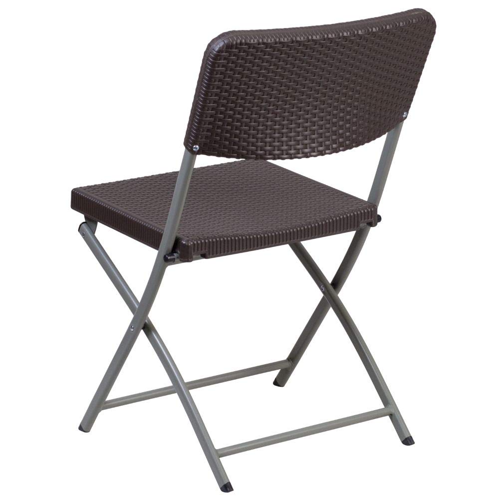 Flash Furniture 2-Pack HERCULES Series Brown Rattan Plastic Folding Chairs with Gray Frame - Outdoor Patio, Garden, Poolside & Indoor Events