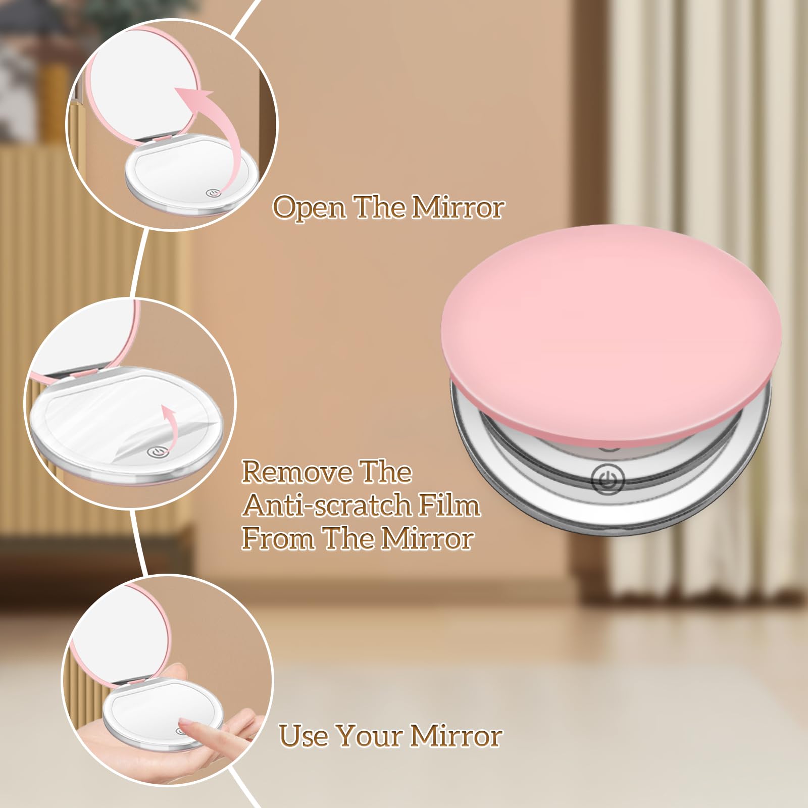 LED Compact Mirror with Light - 1X/3X Magnification, USB Rechargeable Pocket Mirror for Makeup, Travel, Purse & Gifts (Pink) | Perfect for Touch-Ups On-The-Go, Home Vanity & Travel Essentials