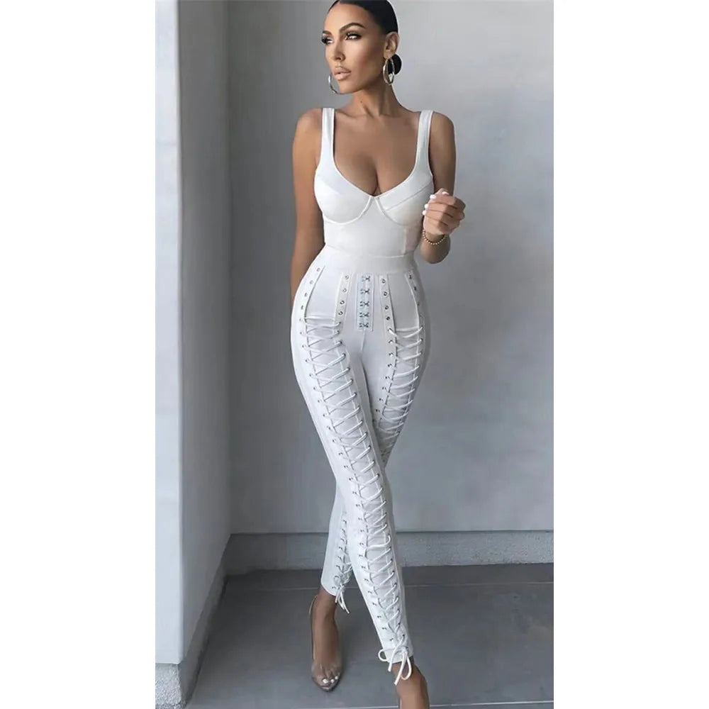 Black & White Sleeveless Rayon Bandage Jumpsuit for Women - Sexy Bodycon Cocktail Party Dress, Clubwear, Night Out Outfit, Summer Fashion