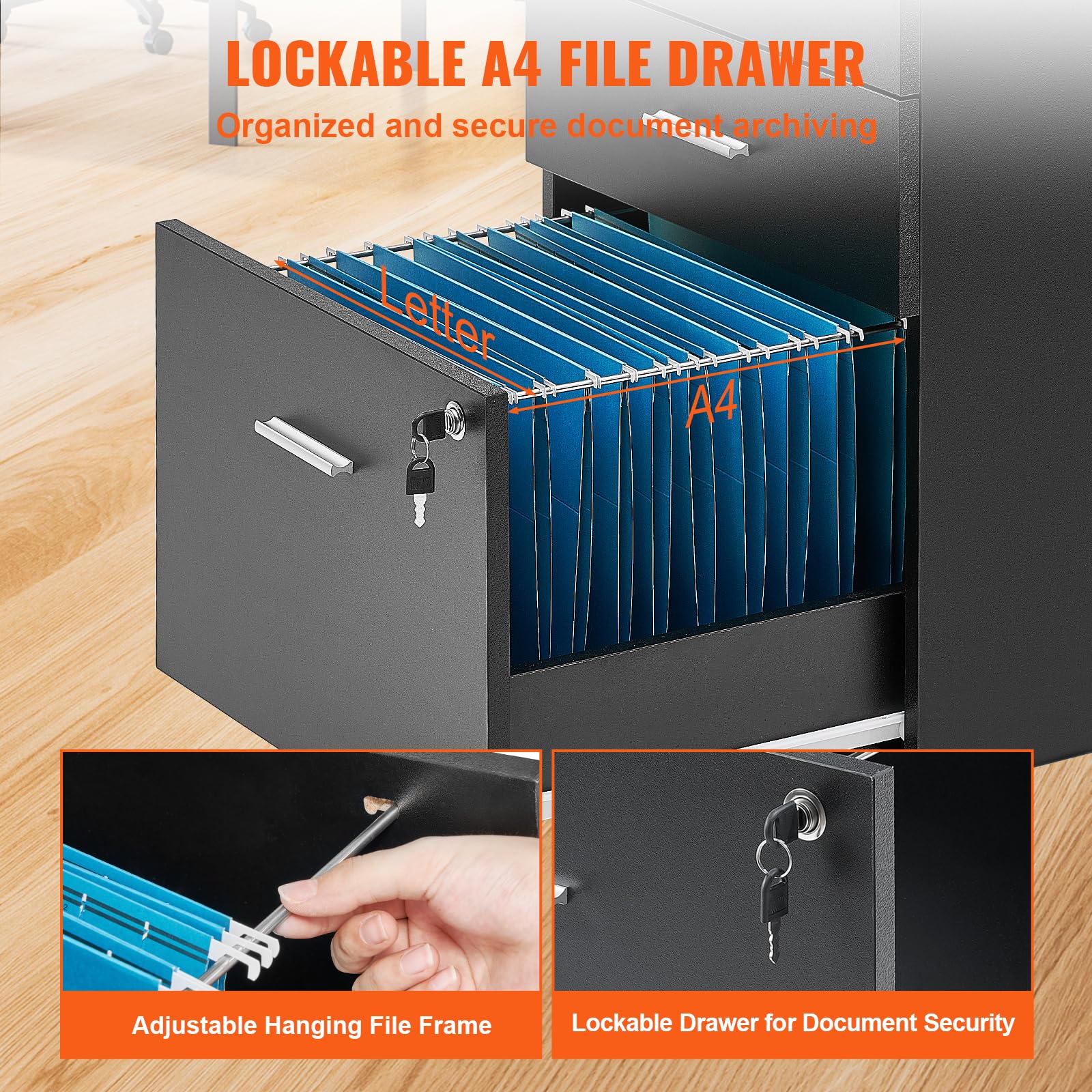 VEVOR 3-Drawer Wood File Cabinet with Lock - Letter/A4 Size Office Storage - 5-Wheel Rolling Design for Home & Office - Black - Perfect for Document Organization & Workspace Storage