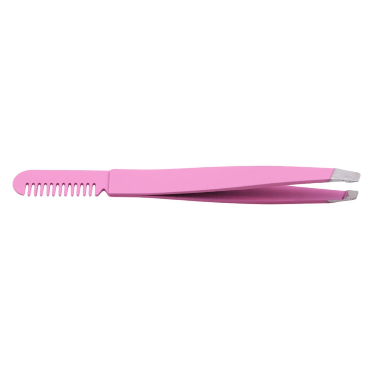 Stainless Steel Slanted Tweezers for Eyebrow Shaping & Hair Removal - Precision Makeup Tool with Eyebrow Comb - Perfect for Grooming, Beauty & Travel (Pink)