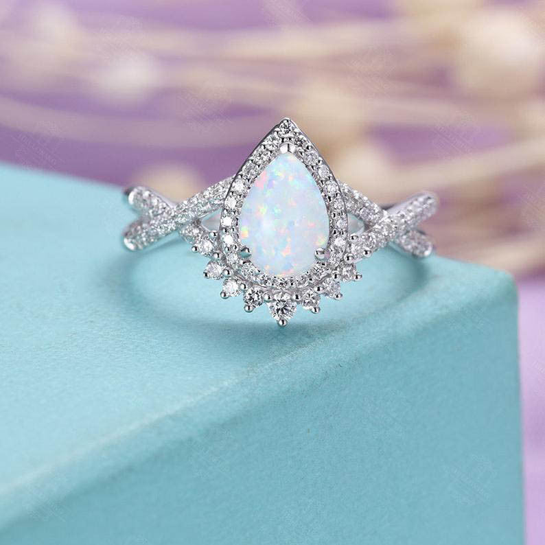 Vintage Opal Diamond Engagement Ring Set - 14K White Gold Pear Shaped Wedding Band for Women - Perfect for Proposals, Anniversaries & Bridal Jewelry