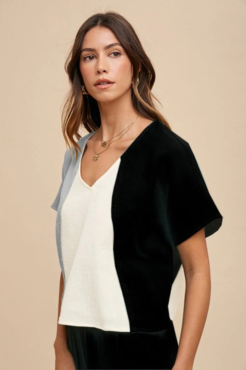 Annie Wear Women's Color Block Cotton Gauze V-Neck Top - Breathable Summer Blouse for Casual Outings & Beach Vacations