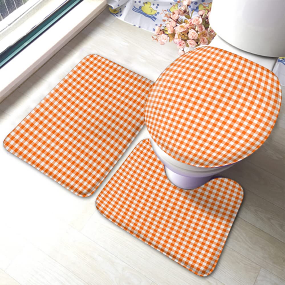 Zaueky 3-Piece Checkered Bathroom Rug Set - Non-Slip Orange & White British Classic Bath Mat with Rubber Backing, U-Shaped Contour Rug & Toilet Lid Cover - Perfect for Traditional Home Decor & Guest Bathrooms