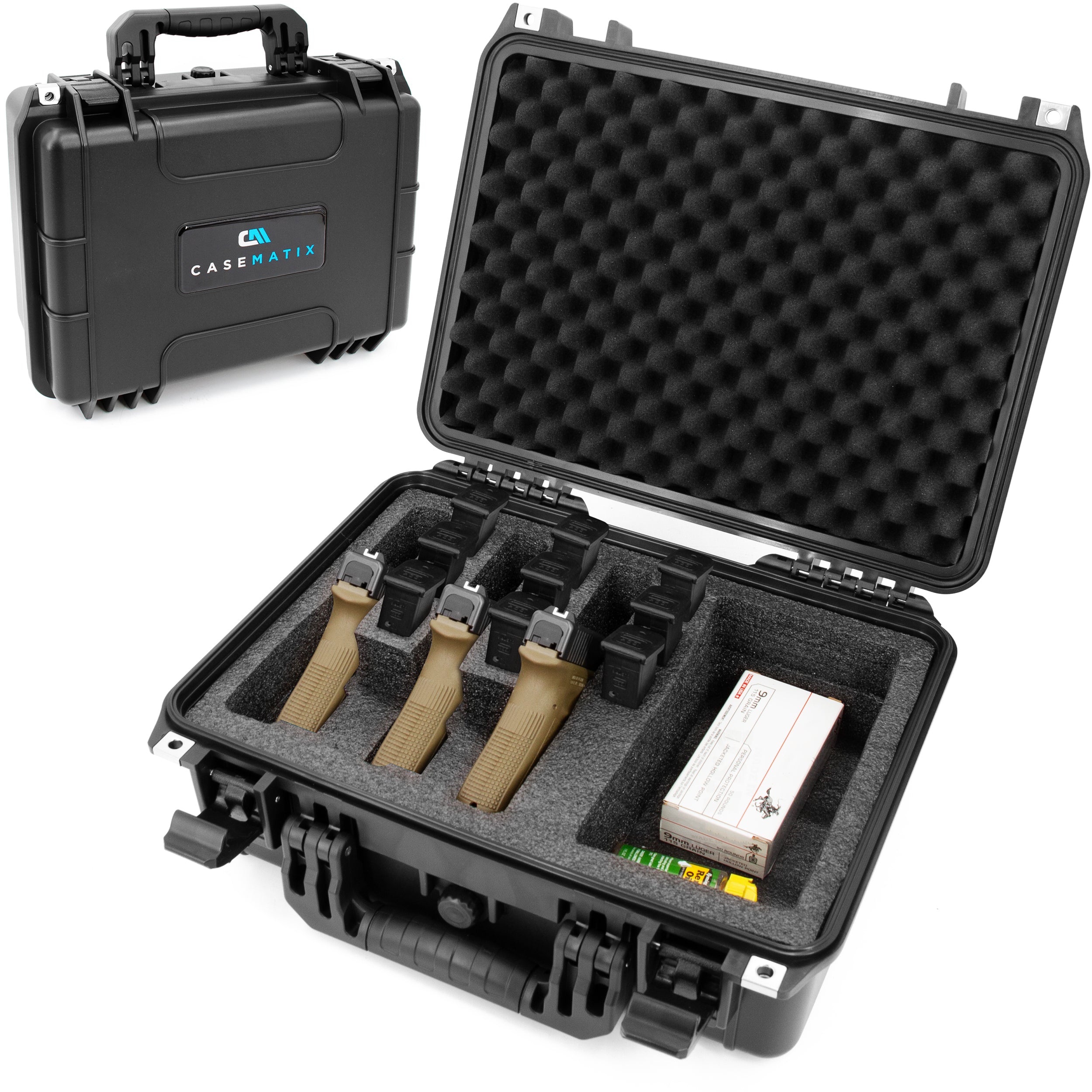 CASEMATIX TSA Approved 3 Pistol Case - 16 Inch Waterproof Handgun Case for 3 Handguns & 9 Magazines with Accessory Storage | Durable Gun Carrying Case for Travel, Range & Secure Storage | Perfect for Air Travel, Shooting Range & Firearm Protection