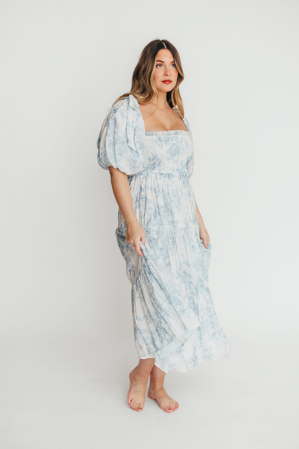 Elena Floral Print Smocked Midi Dress in Blue - Bump Friendly Maternity Dress & Inclusive Sizing for Women - Perfect for Baby Showers, Bridal Events & Summer Weddings