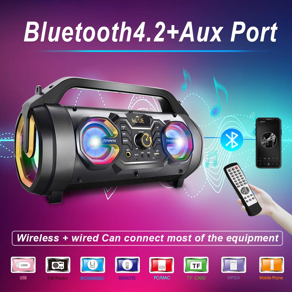 30W Bluetooth Speaker with Subwoofer, FM Radio, Colorful Lights, USB/AUX/TF Card/Mic Jack, Remote Control - Portable Wireless Boombox for Home, Party, Camping, Travel, and Outdoor Adventures