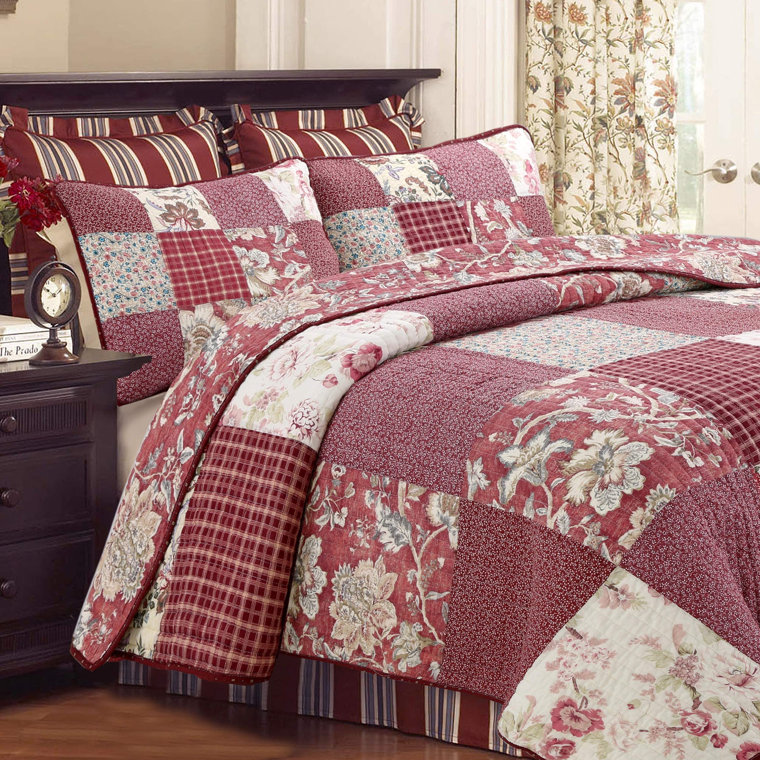 Vintage Burgundy Rose Patchwork 100% Cotton Reversible Quilt Set - Queen Size 3-Piece Bedspread Coverlet | Cozy Cottage Style for Bedroom Decor | Perfect for Farmhouse, Shabby Chic or Vintage Themed Rooms