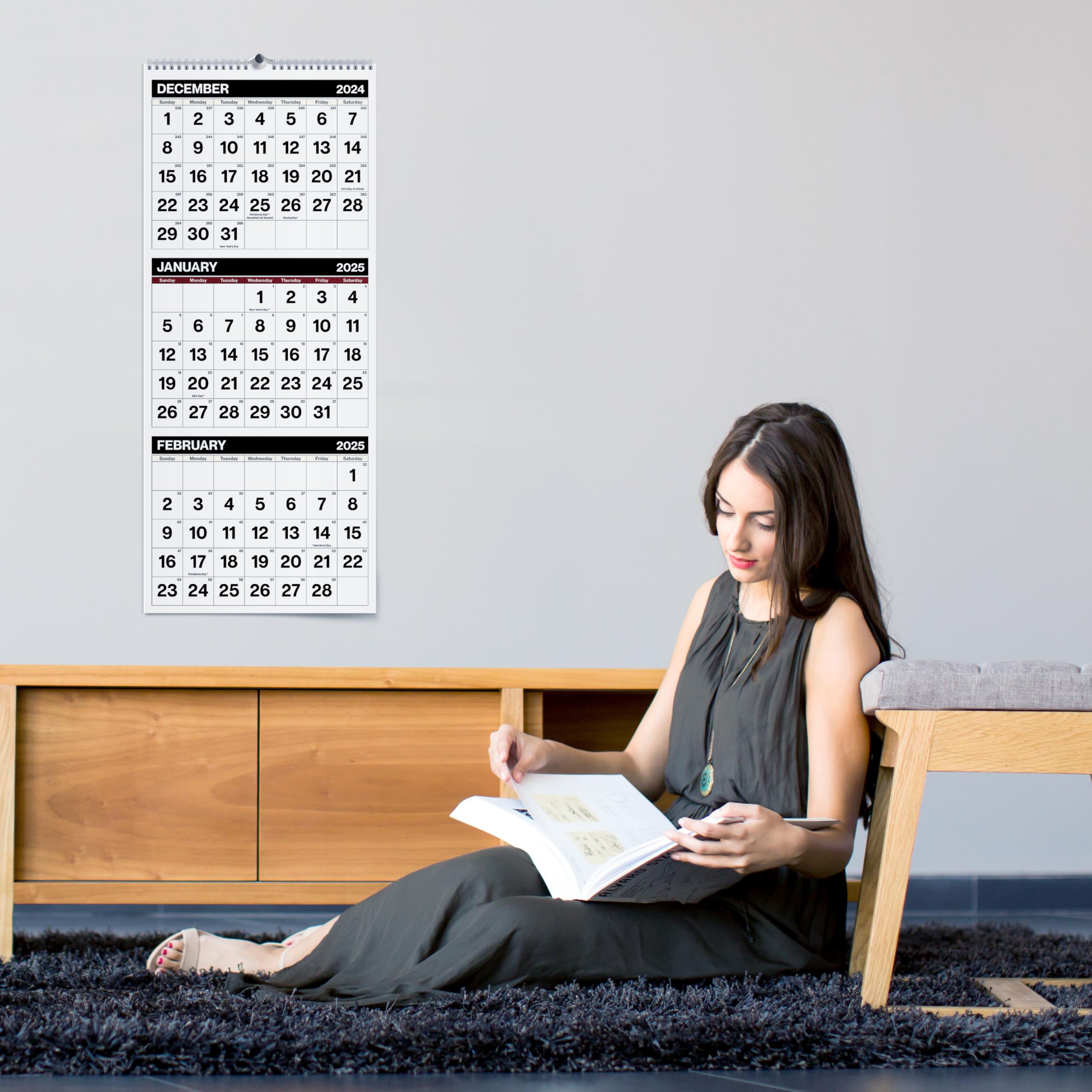 Dunwell 2024-2025 3-Month Vertical Wall Calendar | September 2024 - December 2025 | Black 11x26