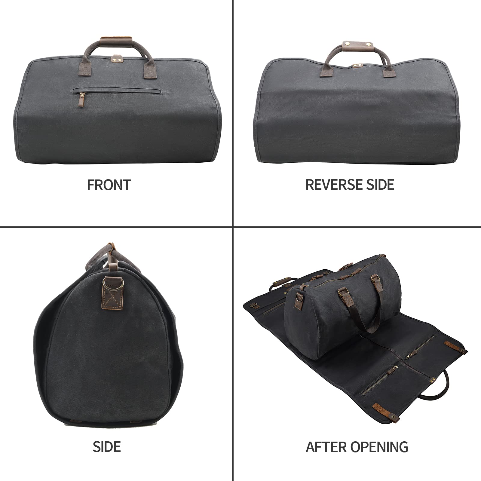2 in 1 Canvas Leather Suit Luggage Garment Bag with Adjustable Shoulder Strap - Waxed Black Travel Duffel for Business Trips, Weekend Getaways & Formal Events