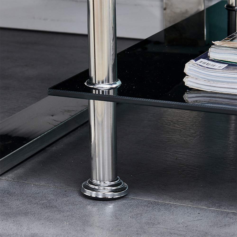 Modern Corner Sofa Side Table with Storage Shelf - 2-Tier Square End Table & Nightstand, Tempered Glass Top & Chrome Legs (Black) - Perfect for Living Room, Bedroom, or Office Use