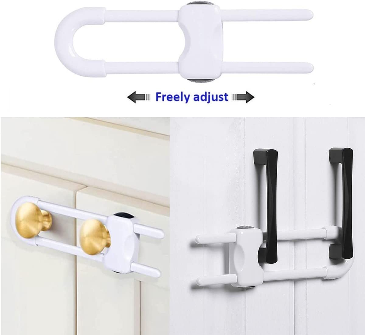 YAWALL 4 Pack Adjustable U-Shaped Baby Proofing Cabinet Locks - Child Safety Latches for Kitchen, Bathroom Storage Cupboards, Doors, Handles & Knobs (White) - Perfect for Childproofing Homes with Toddlers