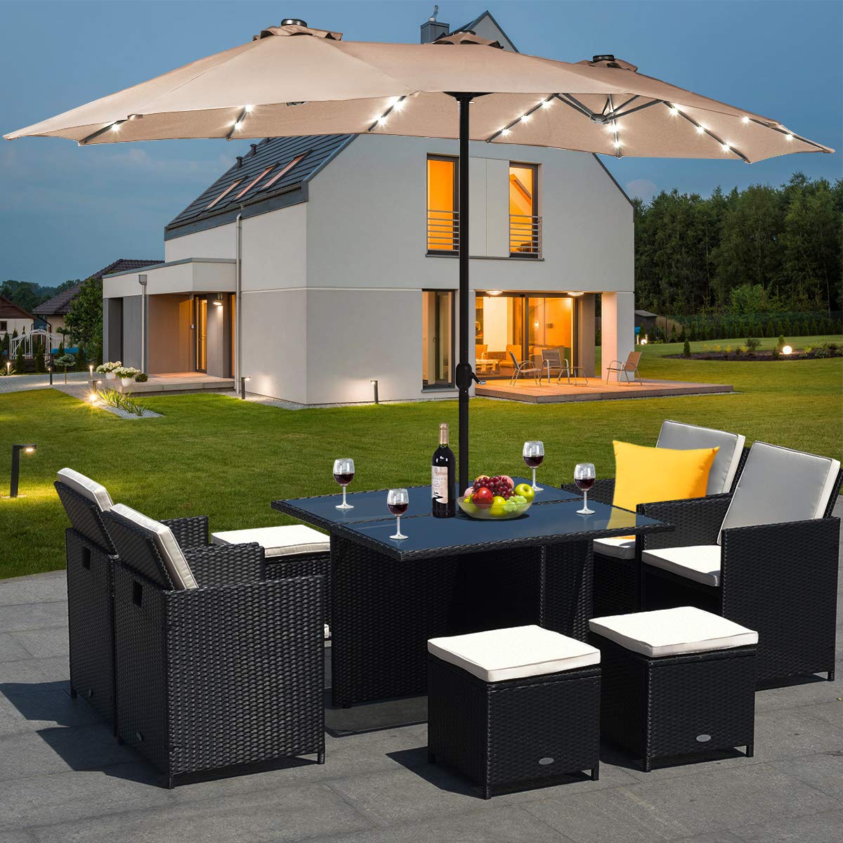 Tangkula 15 Ft Solar Powered LED Patio Umbrella - Double-Sided Outdoor Market Umbrella with 36 LED Lights, Crank Handle & Included Base - Perfect for Backyard, Poolside, and Outdoor Dining (Beige)