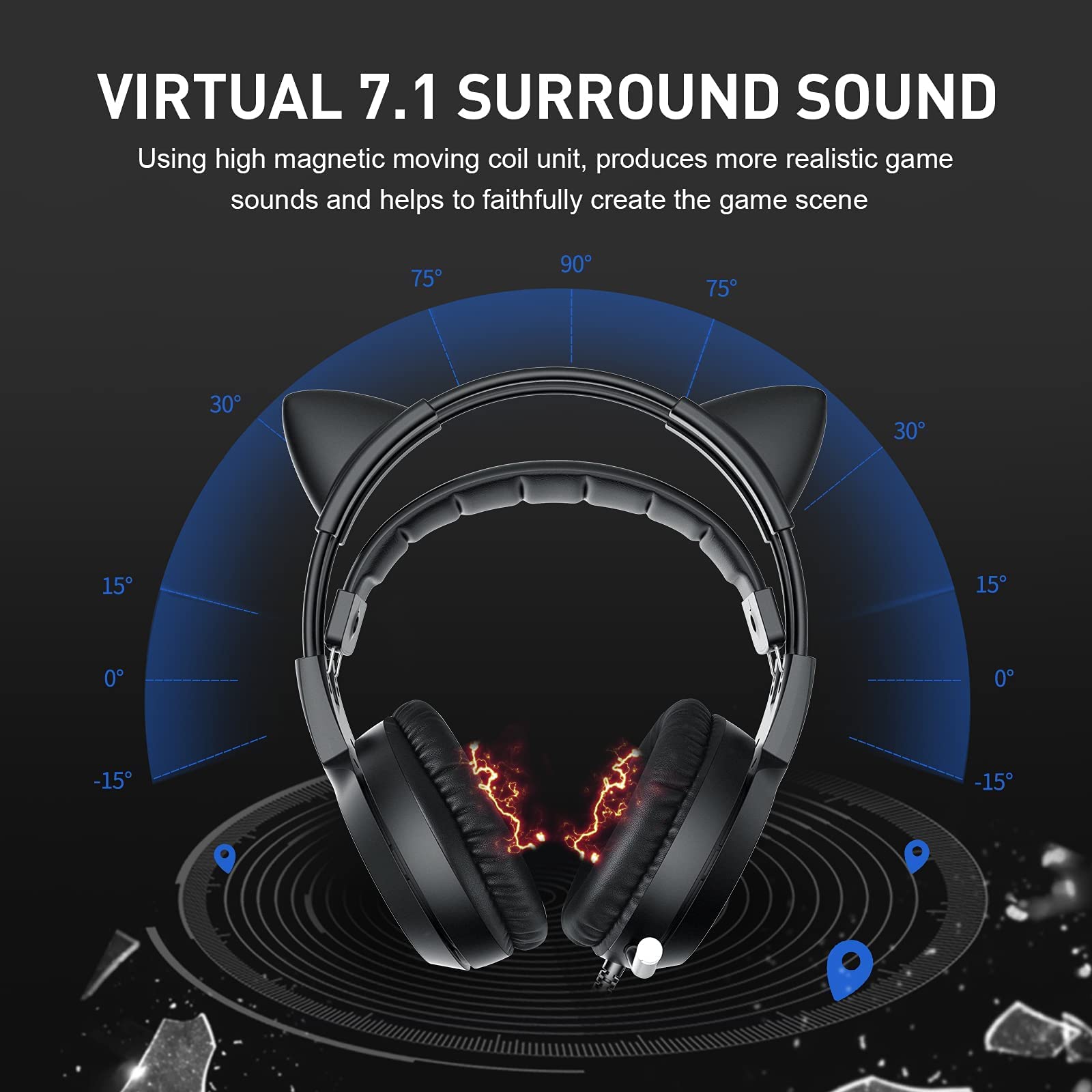 SOMIC G951 Black Cat Ear Gaming Headset with 7.1 Virtual Surround Sound, LED Lights & Headphone Stand - Lightweight PC, PS4, Laptop Headphones for Women & Girls - Perfect for Gaming, Streaming & Online Classes