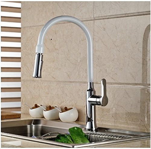Modern Chrome & Brass Pull Down Kitchen Sink Faucet - Deck Mounted Spring Sprayer Mixer Tap for Farmhouse & Contemporary Kitchens | Perfect for Washing Dishes, Filling Pots & Cleaning Produce
