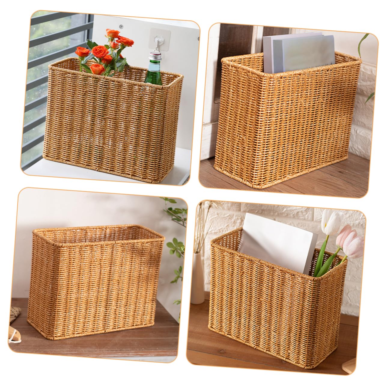 PRETYZOOM Narrow Tall Plastic Storage Bins - Rattan Style Home Organization Baskets for Bathroom, Kitchen, Bedroom & Office Supplies | Decorative & Functional Storage Solution
