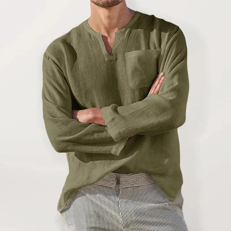 Men's V-Neck Linen Shirt - Breathable Summer Casual Button-Up Shirt for Beach, Office & Outdoor Activities