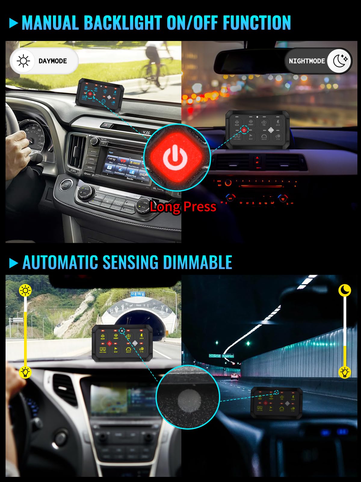 MAYELLO RGB 8 Gang Switch Panel with Memory Function - Auto-Dimmable Toggle Momentary Pulsed Multifunction Switch Panel Pod 12-24V Waterproof for Truck Boat UTV - Perfect for Off-Road Vehicles, Marine & RV Lighting Control (2-Year Warranty)