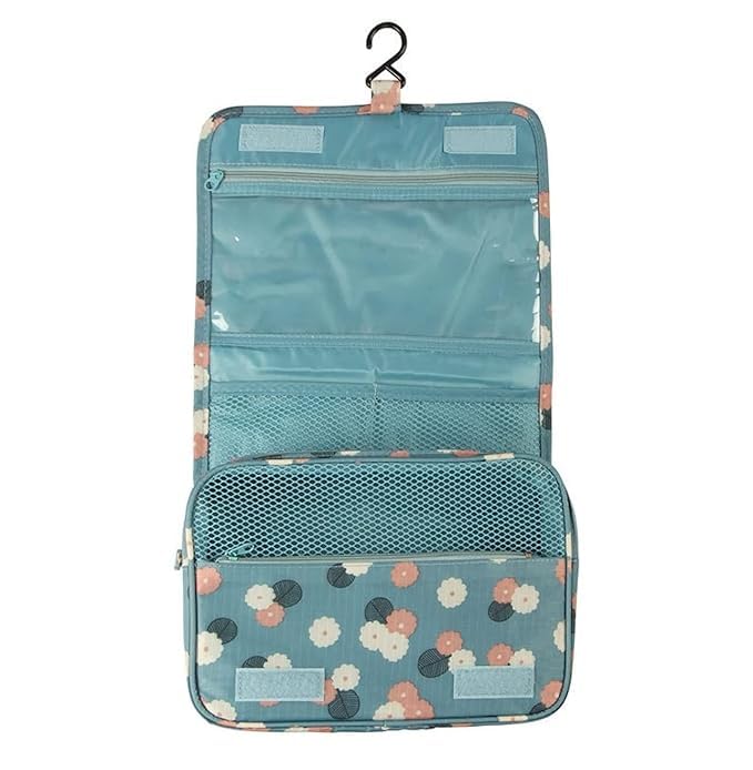 Anystar Travel Cosmetic Makeup Pouch | Waterproof Toiletry Bag with Multiple Pockets | Women's Makeup Organizer & Wash Bag | Blue Floral Design | Perfect for Travel, Gym & Daily Use