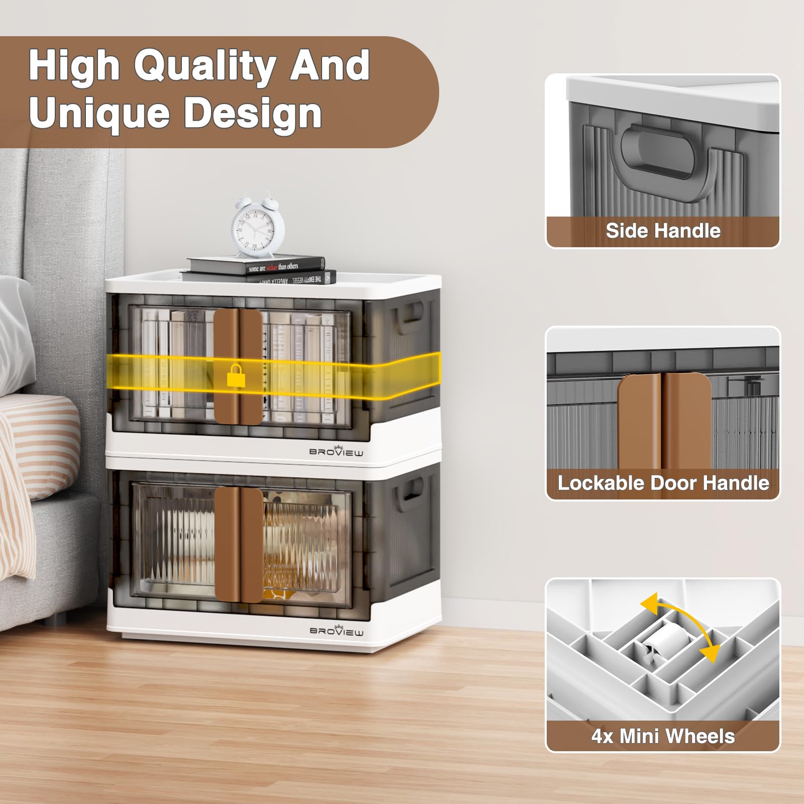 4-Pack 100Qt (25 Gallon) Stackable Plastic Storage Bins with Lids & Wheels - Foldable Closet Organizer, Storage Cabinet with Doors for Home, Dorm, Office, Garage (V6 Brown) - Perfect for Clothes, Toys, Seasonal Items & Household Organization