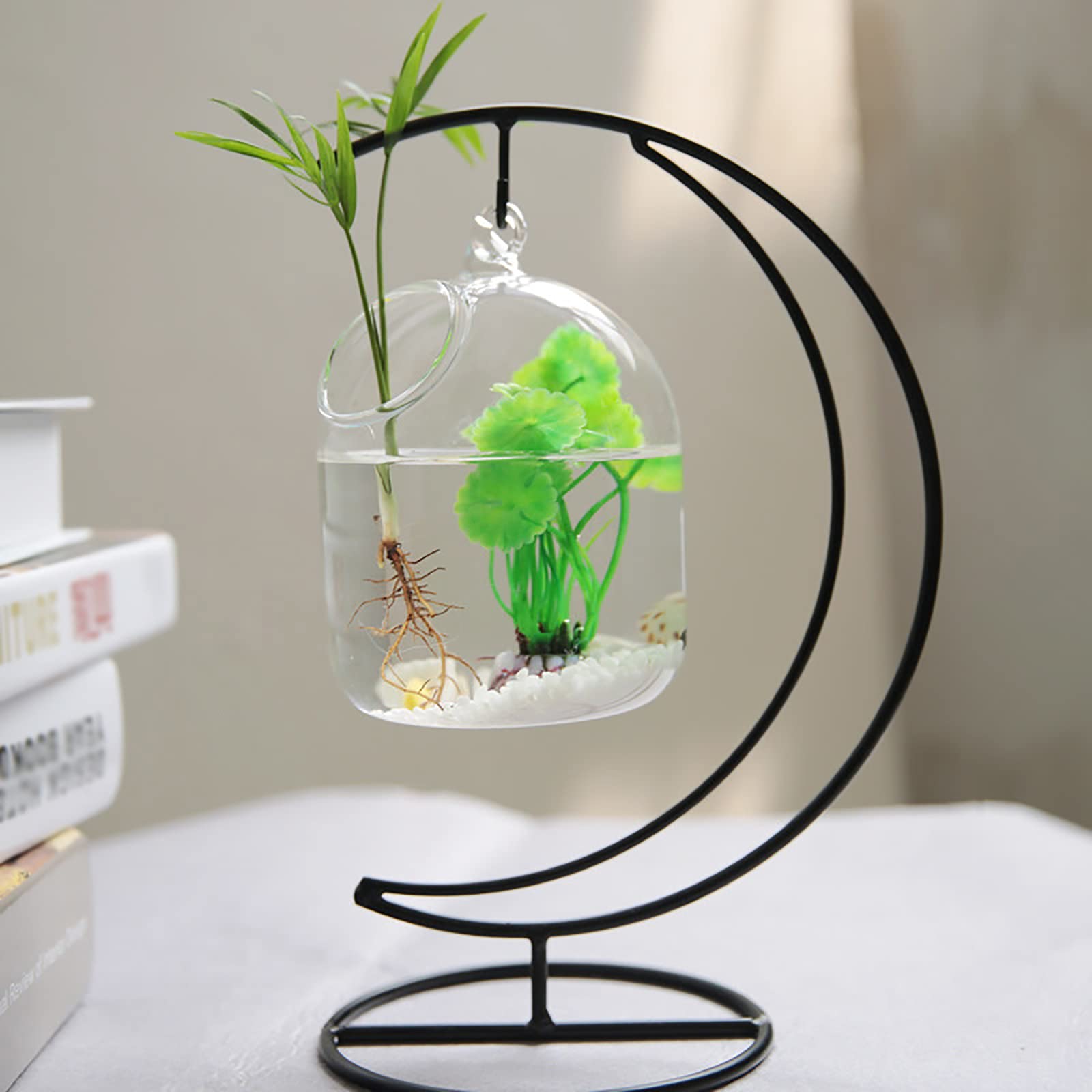 Small Hanging Glass Fish Tank with Stand - Mini Aquarium Bowl for Betta Fish, Clear Plant Terrarium | Perfect for Home, Office Desk Decor & Zen Relaxation Spaces