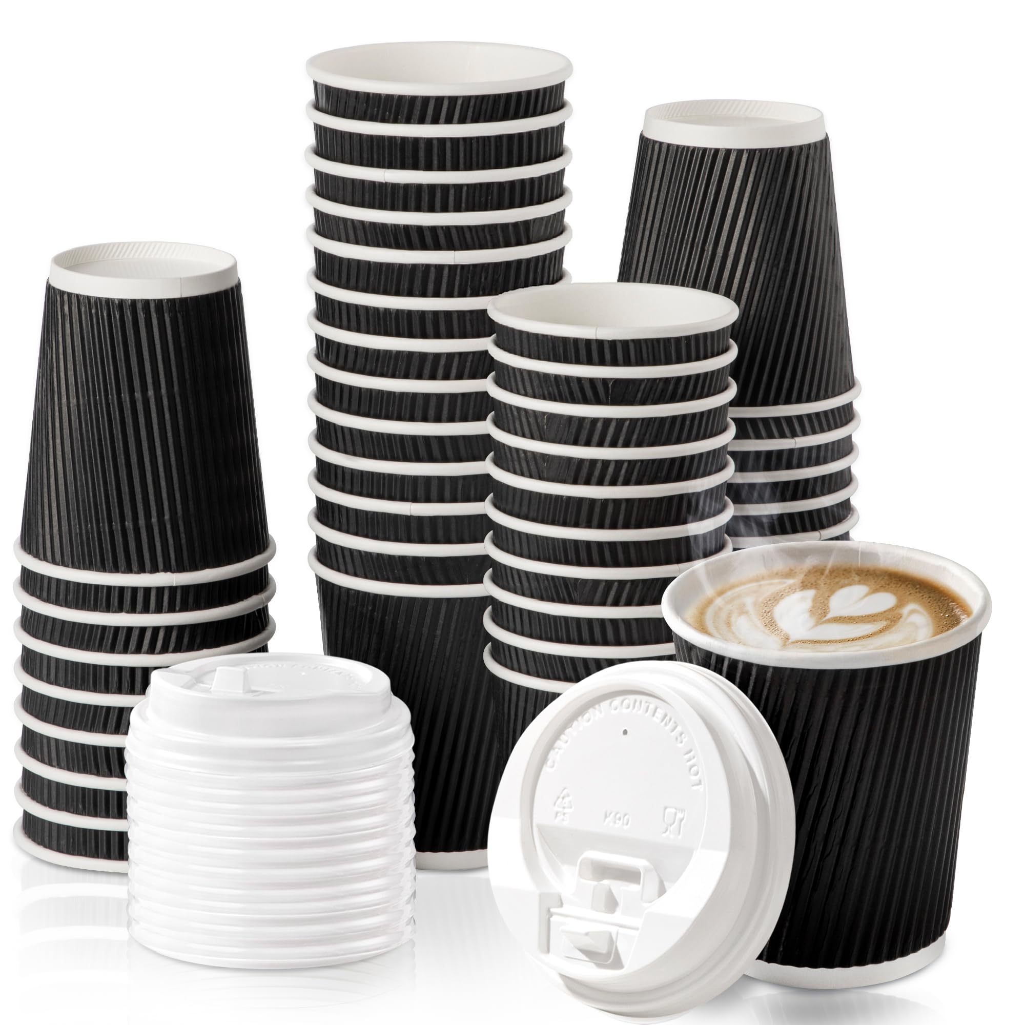 50 Pack 8 oz Black Disposable Coffee Cups with Lids & Stirrers - Triple Wall Insulated Hot Beverage To-Go Cups for Coffee, Tea, Hot Chocolate - Perfect for Travel, Office, Home, Cafes & Takeout (White Lids)