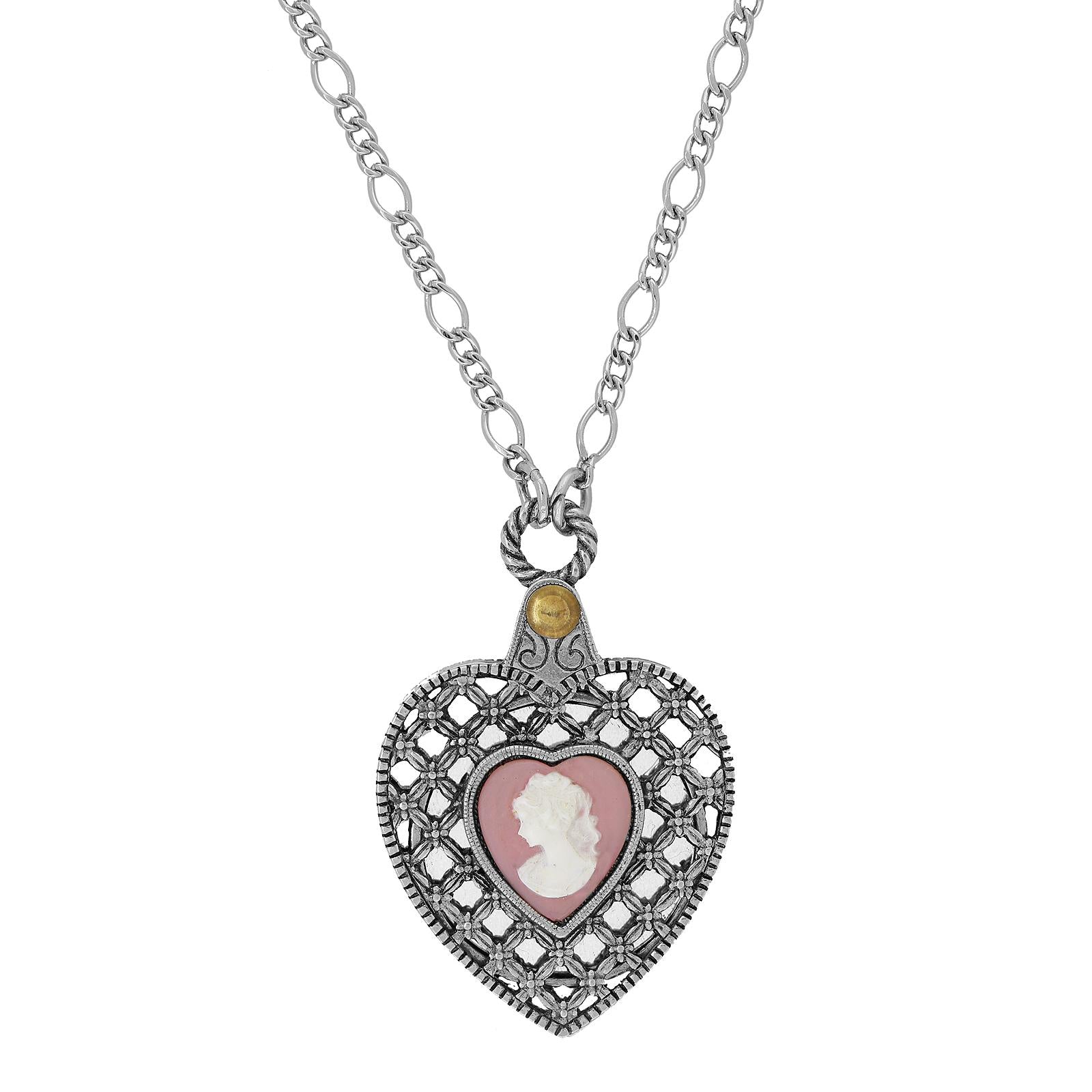 Antique Pink Cameo Heart Mirror Pendant Necklace - Vintage 1928 Jewelry - 30 Inch Chain - Perfect for Valentine's Day Gifts, Bridal Accessories & Victorian Style Outfits