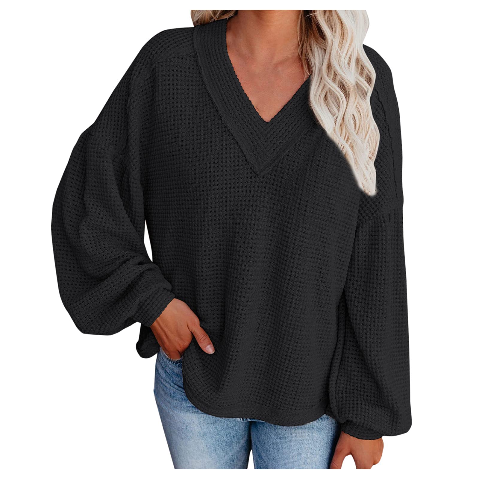 Women's Waffle Knit Tunic Top - Long Sleeve Loose Fit Casual Henley Shirt for Everyday Wear | Perfect for Work, Weekend & Layering