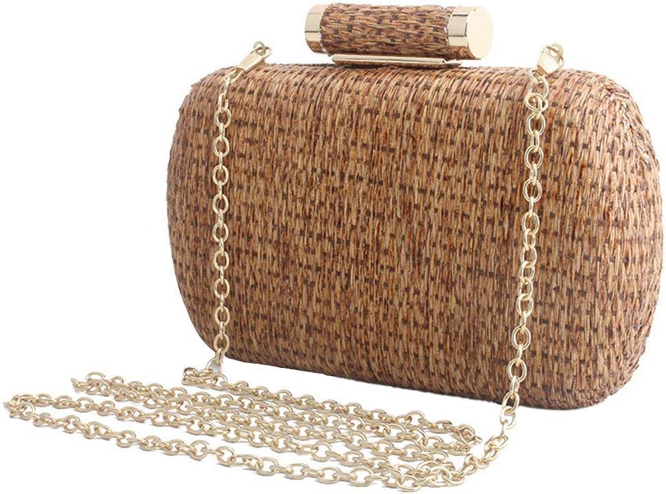 Women's Hand-Woven Straw Beach Bag - Gold Chain Shoulder Purse for Wedding, Party, Evening & Prom | Eco-Friendly Summer Clutch for Vacation, Pool & Outdoor Events