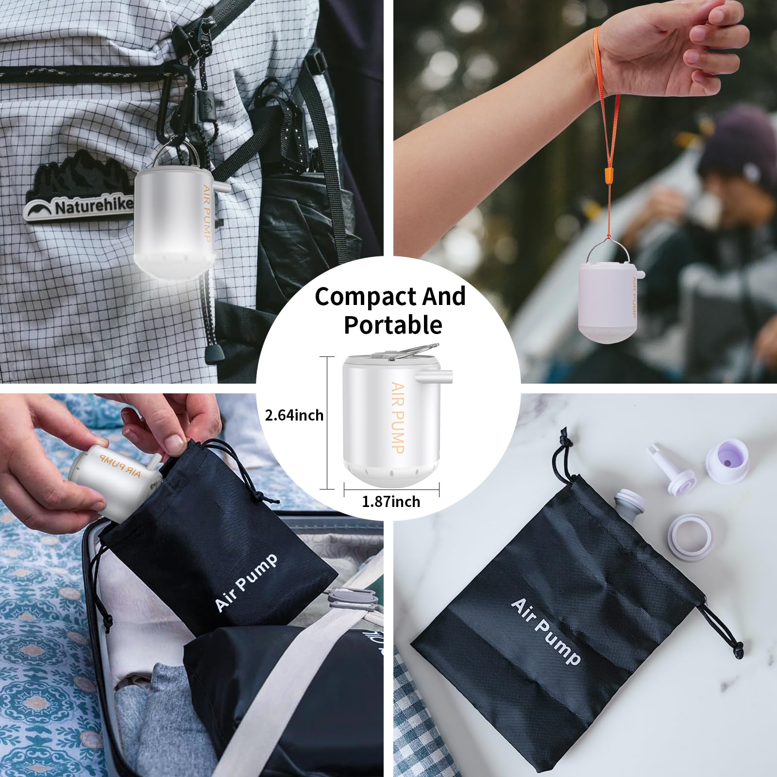 Portable Mini Air Pump for Inflatables - Rechargeable Electric Pump for Air Mattress, Pool Floats, Sleeping Pads, Vacuum Bags | Compact Camping Gear with Built-in Light for Outdoor, Travel & Home Use