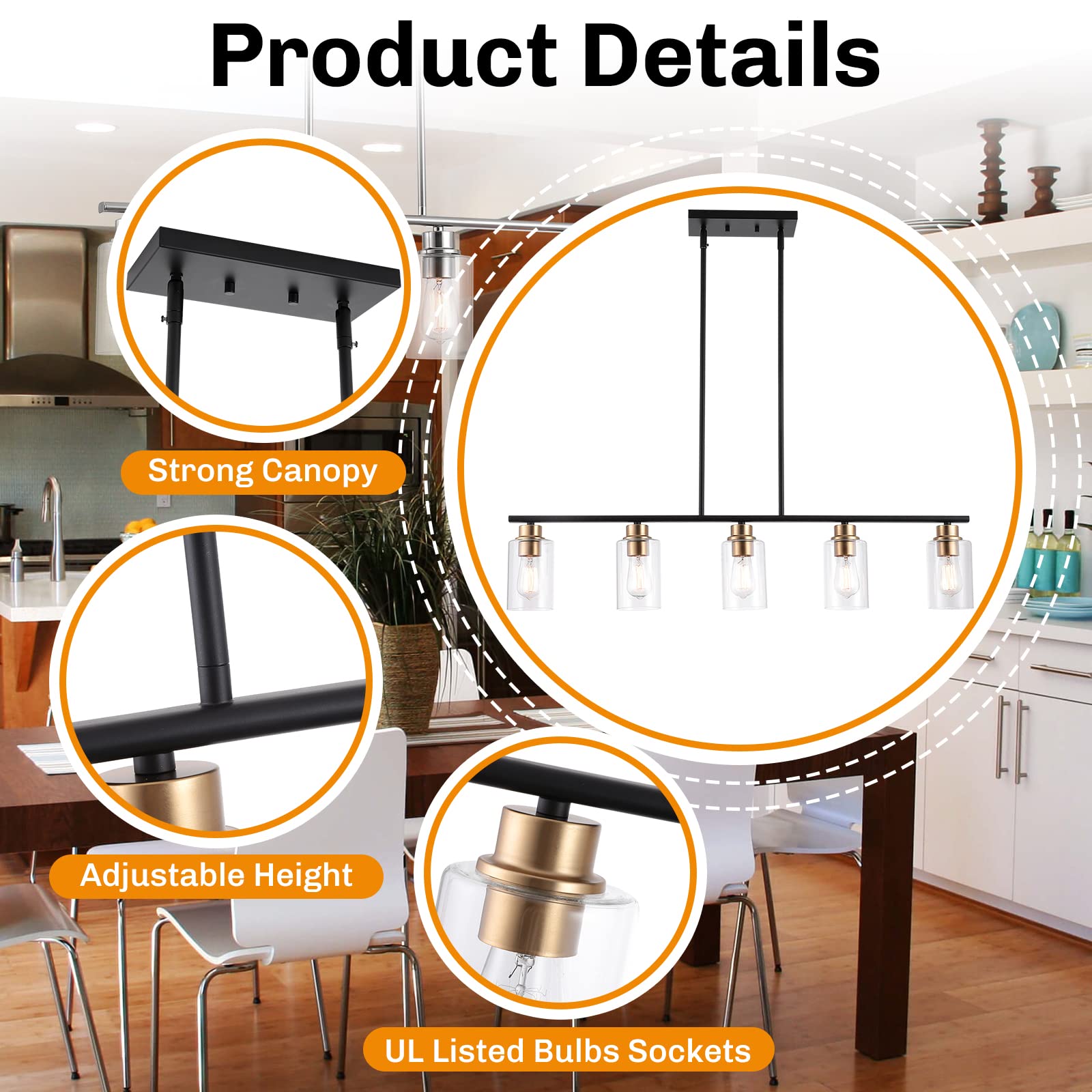 5-Light Farmhouse Industrial Pendant Lighting for Kitchen Island - Matte Black & Gold with Clear Glass Shade - Perfect for Dining Room, Living Room & Kitchen Decor