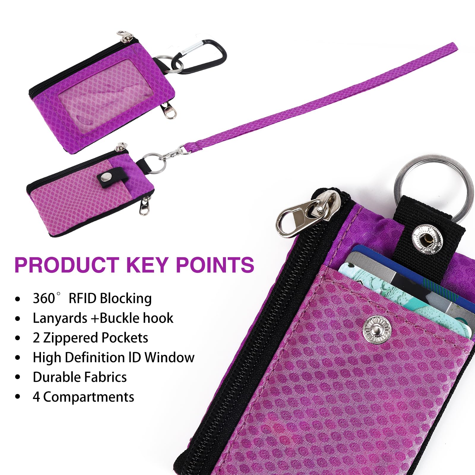 RFID Blocking Small Lanyard Wallet for Women & Men - Minimalist Nylon Zipper Pouch with ID Badge Holder & Keychain - Travel Neck Wallet for Cards, Coins, Cash (Pink-Purple-Fuchsia) - Perfect for Travel, Work, Events & Daily Use