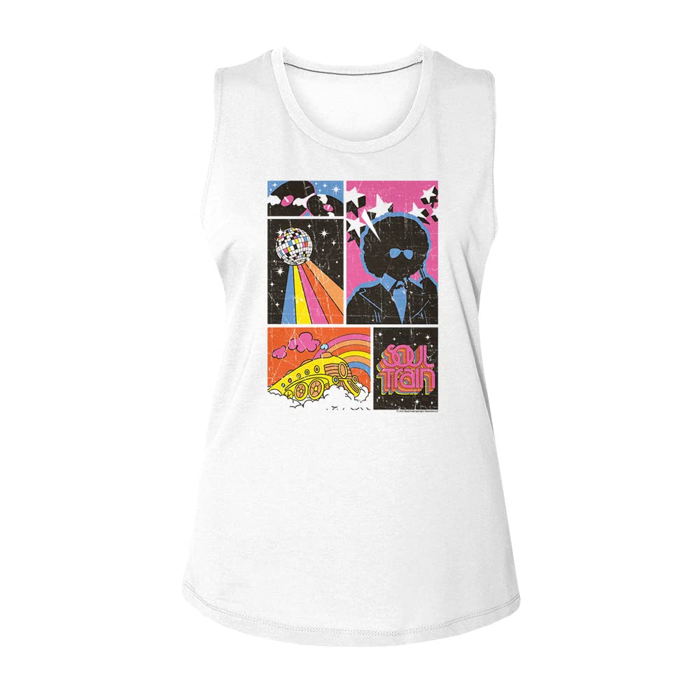 Vintage Soul Train Collage Women's Sleeveless Muscle Tank Top - White Retro Graphic Tee for Casual Wear, Summer Outfits & 70s Theme Parties