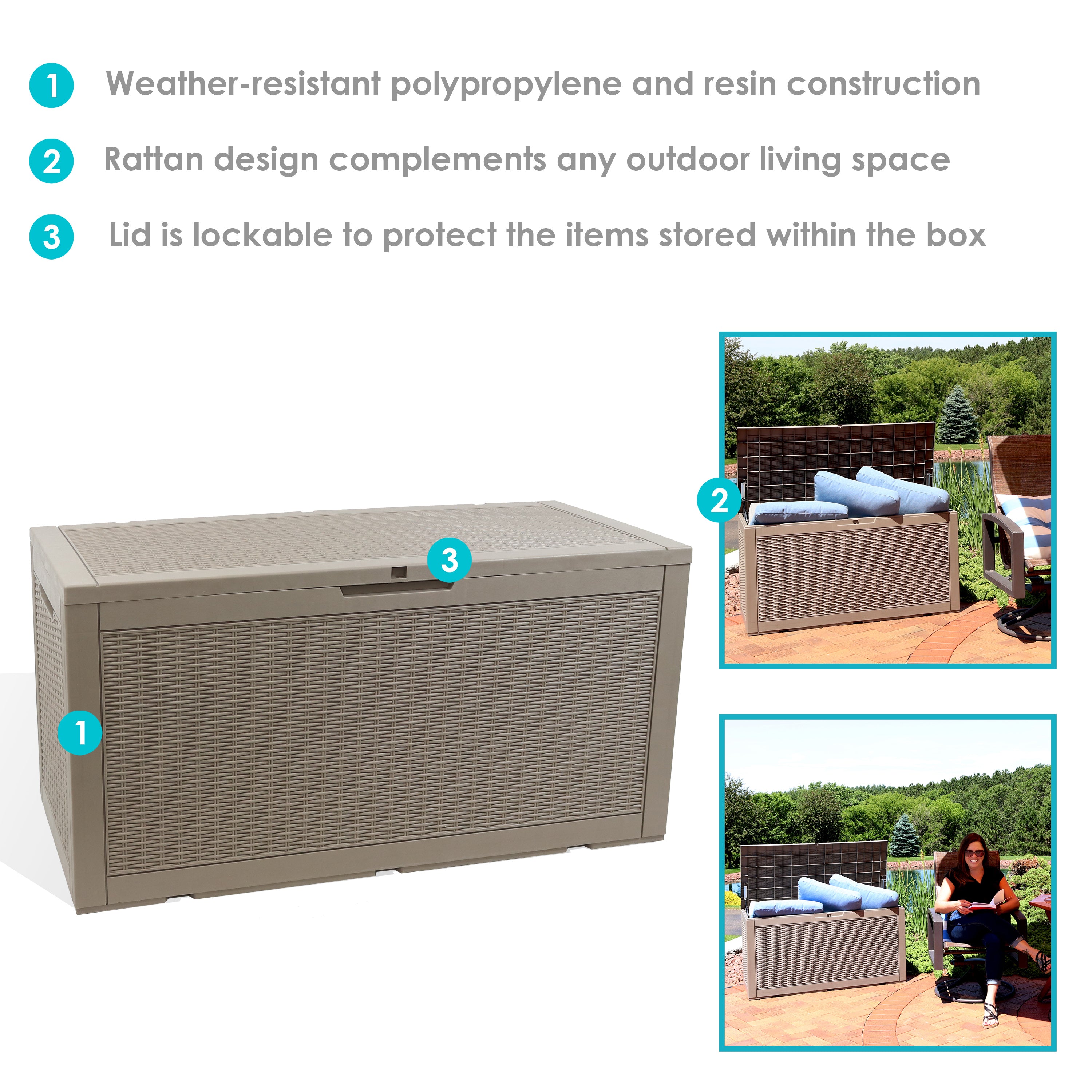 Lockable 100 Gallon Outdoor Deck Storage Box - Waterproof Faux Rattan Design by Sunnydaze - Perfect for Patio, Garden & Poolside Storage