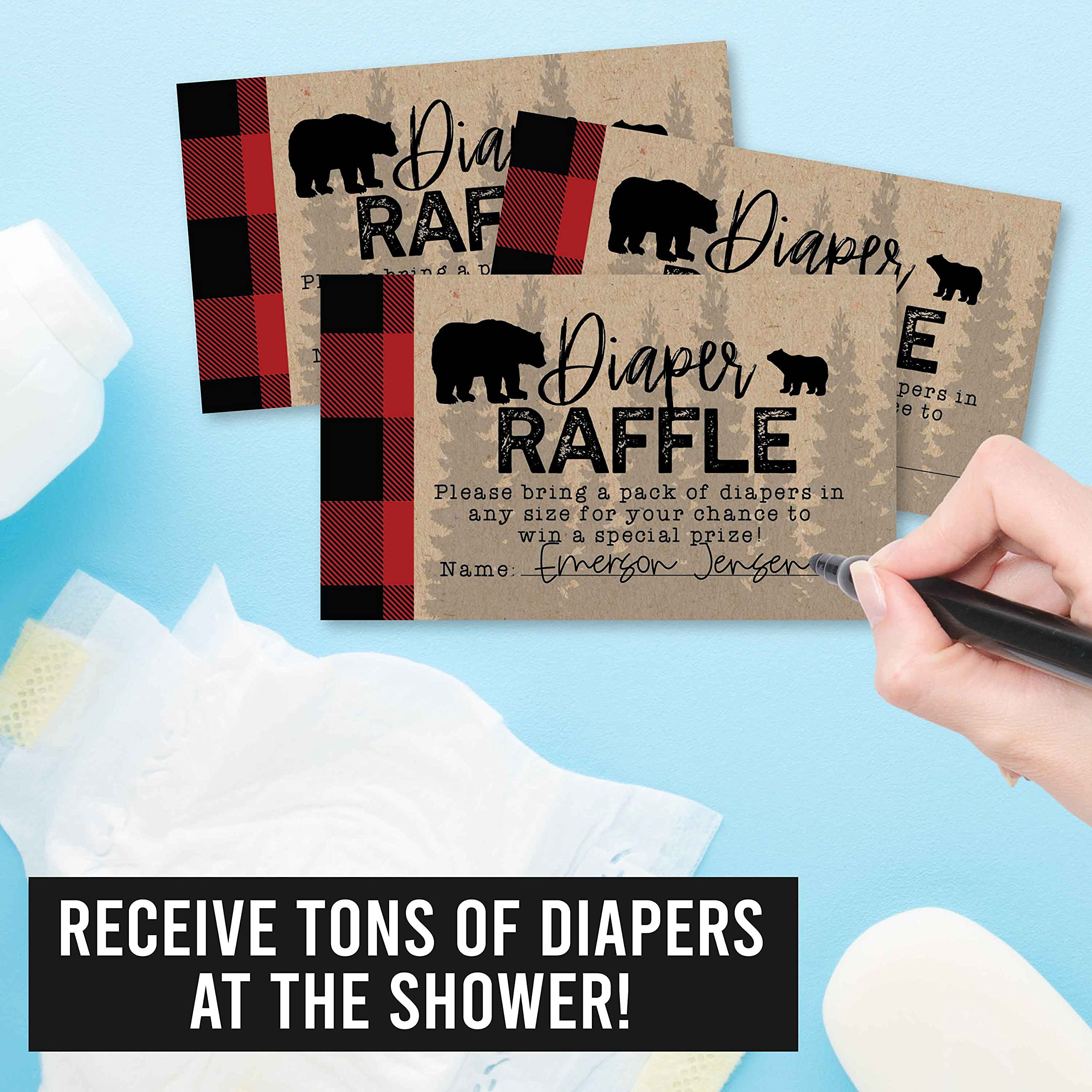 Hadley Designs 25 Baby Shower Diaper Raffle Tickets - Lumberjack Theme for Boys, Baby Shower Games, Diaper Raffle Cards, Baby Raffle Tickets, Baby Shower Invitations - Perfect for Baby Shower Decorations, Party Favors and Gender Reveal Events